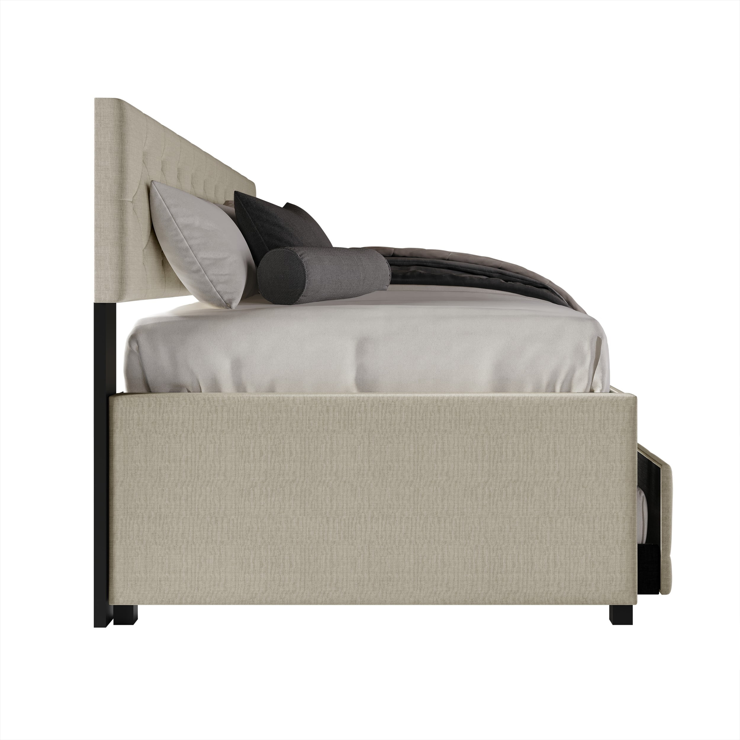 Home Design Tyler Twin Daybed with Trundle, Linen Upholstery, Button-Tufted Design, Foam Padding, Pull-Out Trundle, Stylish Seating and Sleeping Solution, Warm Gray