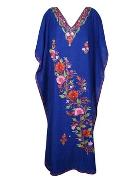Mogul Women Berry Blue Maxi Caftan Dress Embellished Floral Embroidered Beach Cover Up Resort Wear House Dress 2XL