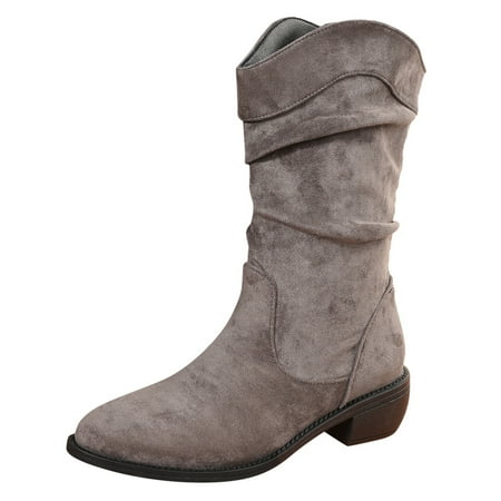 

Retro Women Solid Color Hight Heels Slip-On Middle Tube Booties Round Toe Shoes