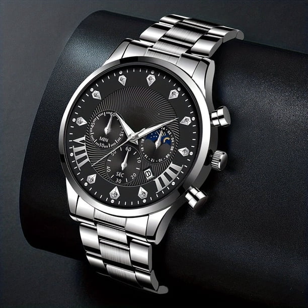 満月＆太陽 Diamond Dial Mens Steel Strap Watch With Sun Moon Star Calendar