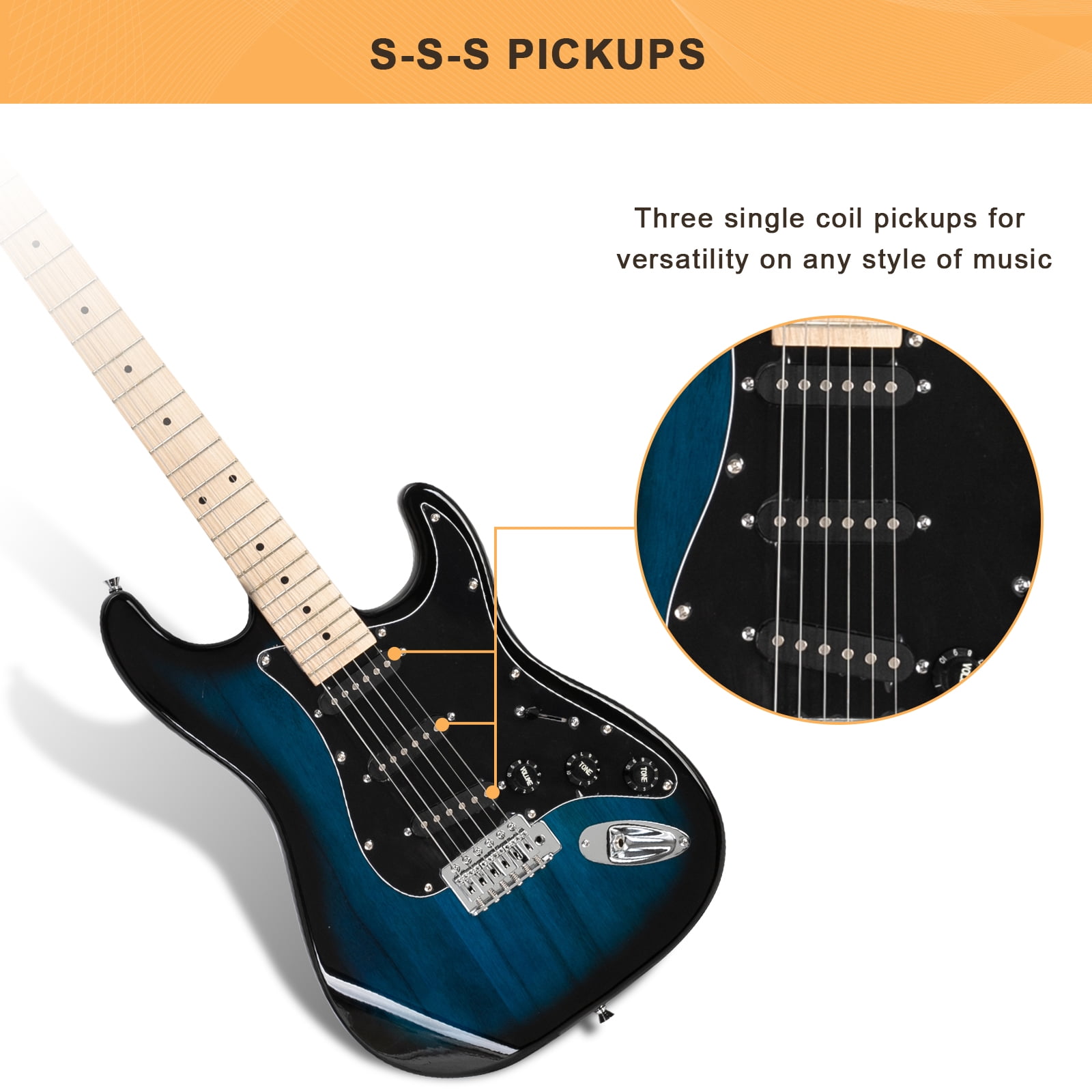 GLARRY Full Size Maple Electric Guitar with Amp and Case Beginner Dark Blue