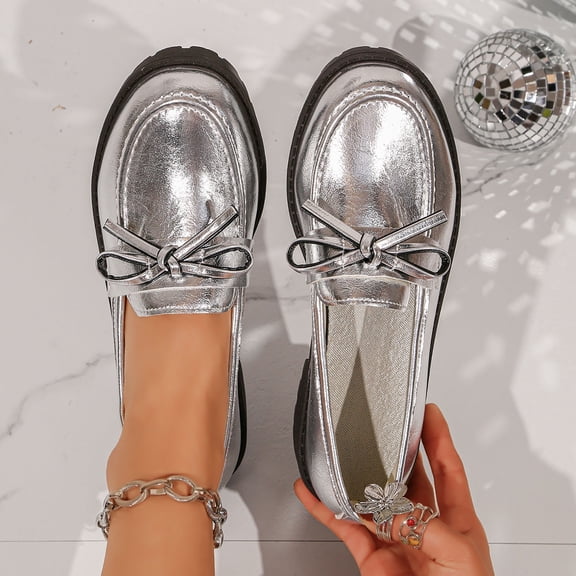 DIVVce Metallic Bow Accent Platform Loafers For Women Closed Toe Slip On Comfortable Footwear