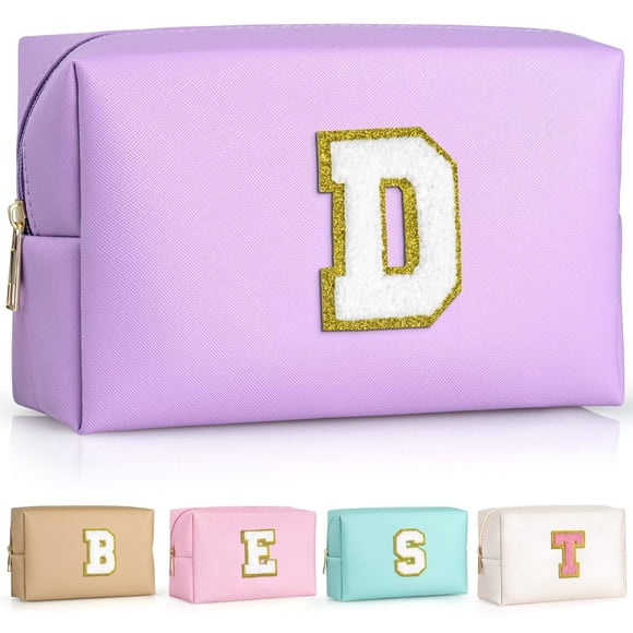 TOPEAST - Neceser pequeño de chenilla con cremallera, diseño de letras, de cuero sintético, impermeable, regalo de cumpleaños personalizado para mujer, ideal para niñas (morado D)