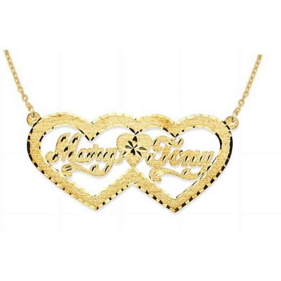 Personalized Double Heart Satin Diamond Cut Nameplate Pendant Necklace 14K 14K White or 14K Yellow Gold.  Special Order, Made to Order. PNK038Y