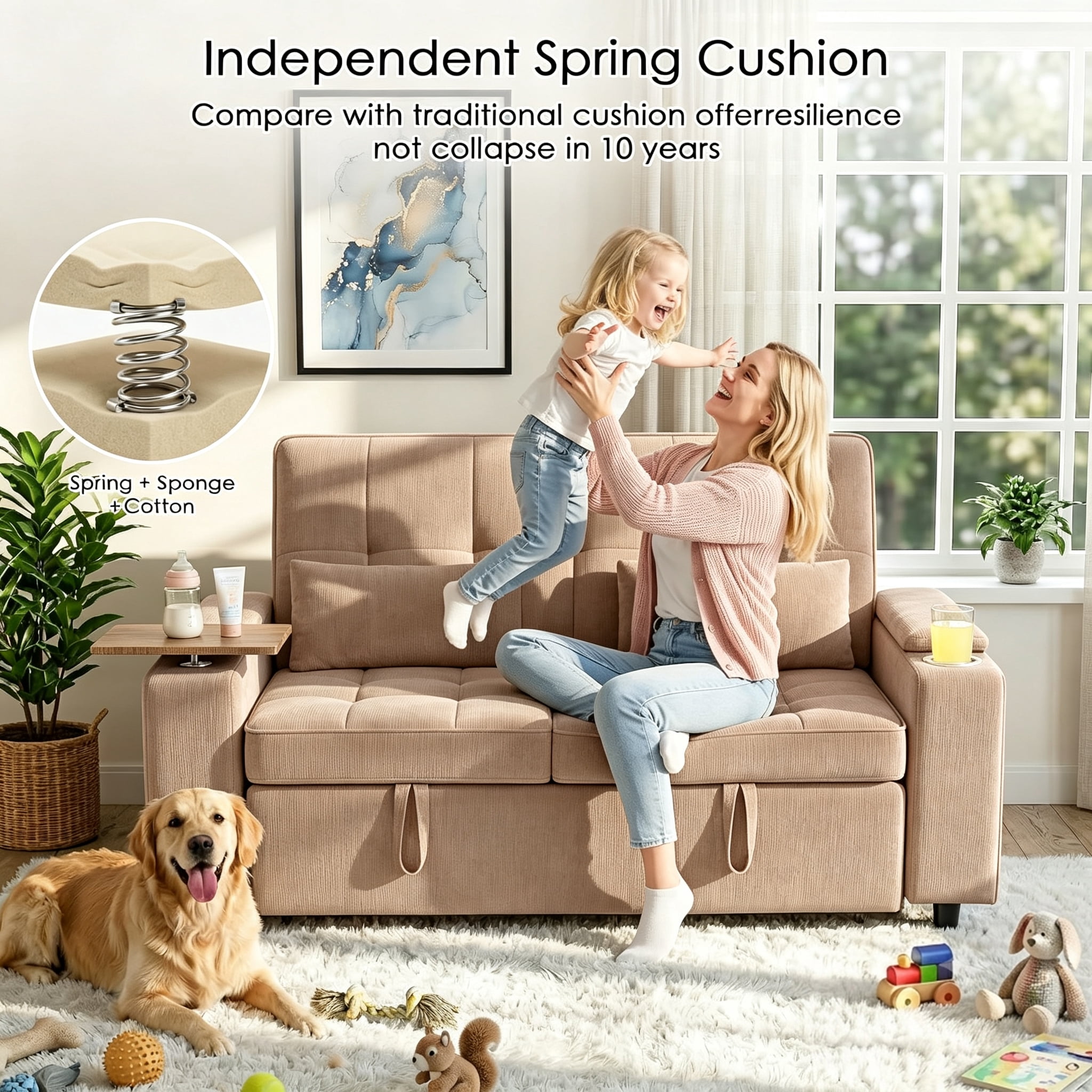 avobird 65" 3-in-1 Convertible Sofa Bed, Pull Out Loveseat with Chenille Fabric/Hidden storage space/Cup holder, Sleeper Sofa Bed for Living Room, Brown