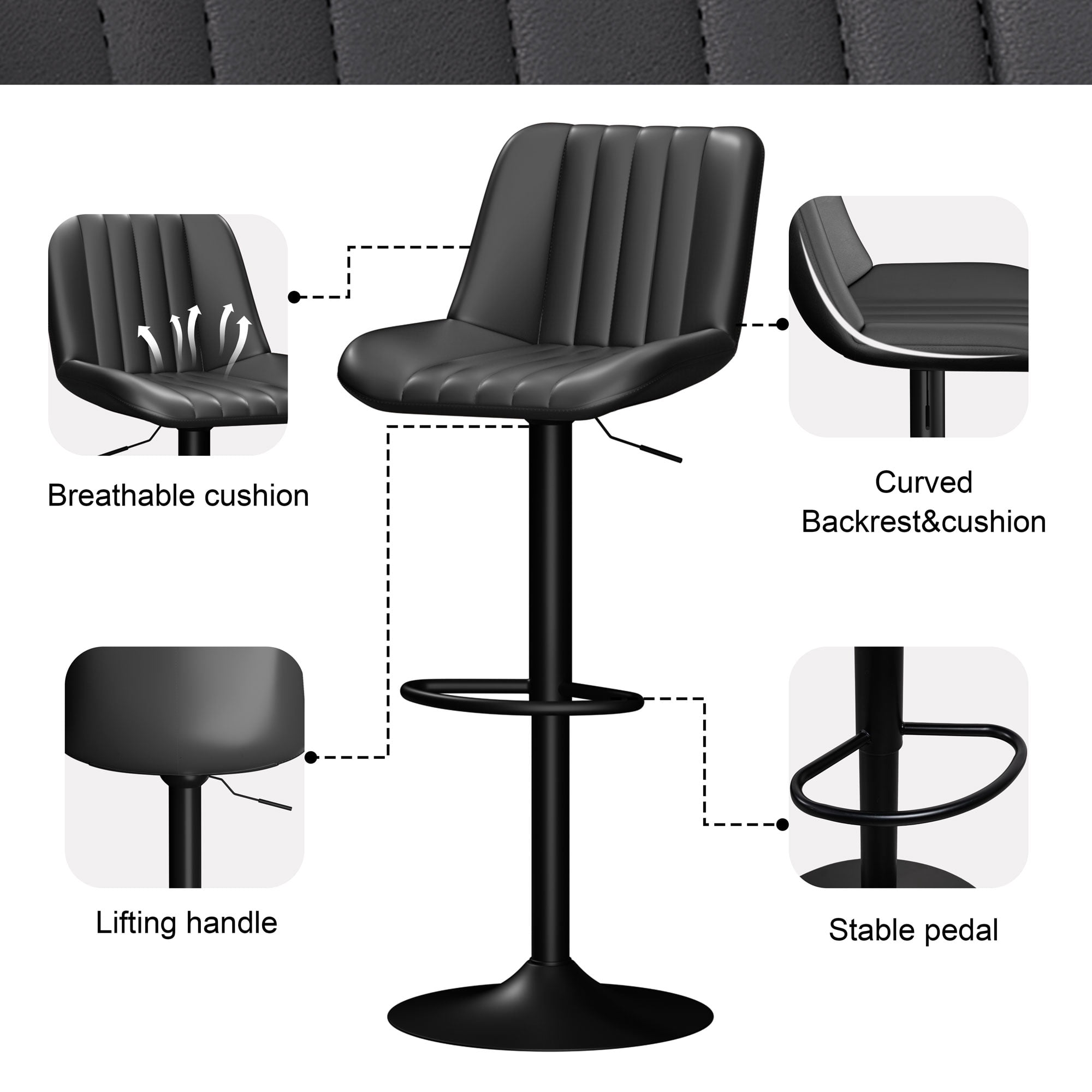 Walsunny Adjustable Bar Stools Set of 4 Leather Upholstered Swivel Counter Stools Counter Height Bar Stools with Large Base, Room Bar, Black