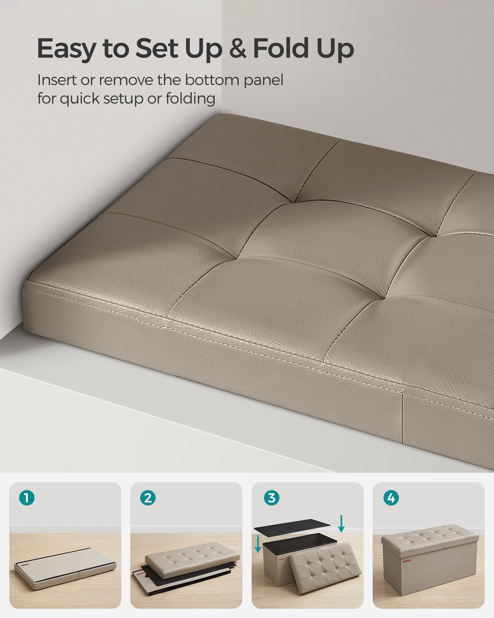 SONGMICS 30" Storage Ottoman Bench Folding Leather Ottoman Storage Footrest Hold up to 660lb Light Taupe