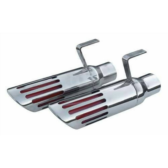 Pypes EVT89 Exhaust Tip - Slip-On - 2-1/2 in Inlet - 3 in Round Outlet - 7 in Long - Single Wall - Single Wall - Rolled Edge - Angled Cut - Red Slotted Tip - Polished Stainless - Pair