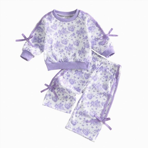 Girls Comfortable And Breathable Set Cute Floral Printed Long Sleeve Top Pants Two Piece Set 6-12 Months Purple
