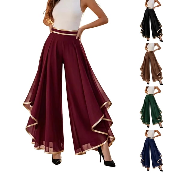 Womens Wide Leg Pants BWASD Elegant High Waist Chiffon Flowy Palazzo New 2026 Dress Trousers Breathable for Travel Vacation Beach Summer Fashion (Wine L)
