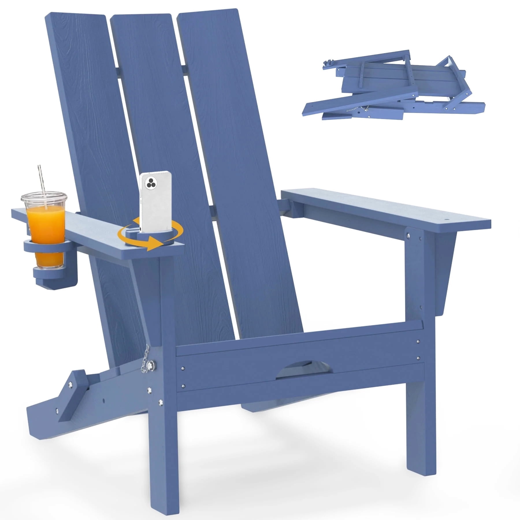 Tappio Folding Adirondack Chair All Weather HDPE Outdoor Patio Chairs with Detachable Multifunctional Holders and Cup Holders, Fire Pit Chairs for Yard Garden Poolside, Blue