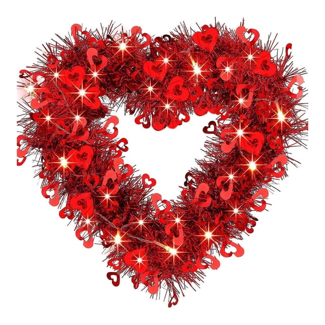 Wuztai Valentines Day Heart Shaped Floral Decorations, Illuminated Heart Shaped Floral Decor for Valentine's, Red Heart Floral Wreath Decorations for Mantel Stair Railing Table