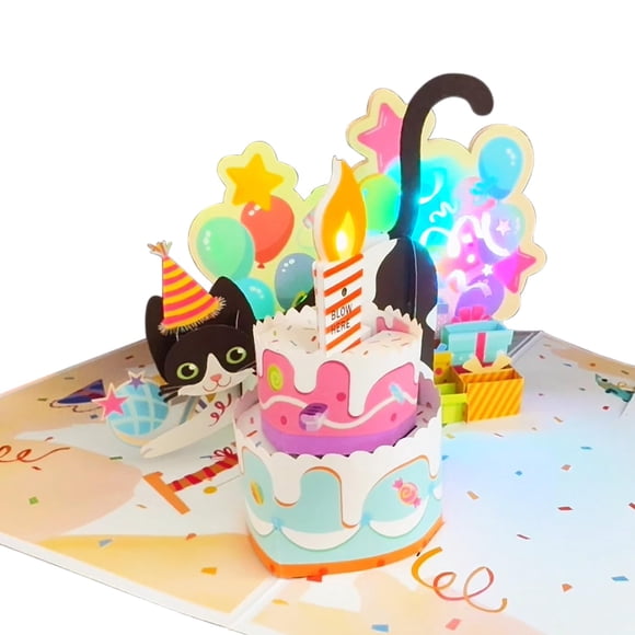 Ribbli Cartes d'Anniversaire, Carte Pop-Up Chat avec Lumière et Musique, Carte d'Anniversaire Chat Musicale pour Hommes Femmes, 8.2 x 5.7 Pouces avec Enveloppe