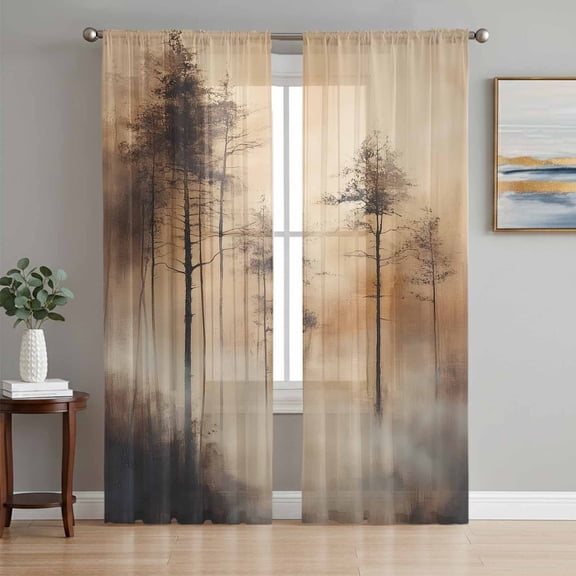 Brown Forest Sheer Curtains 96 Inch Length 2 Panels Set, Vintage Tree Farmhouse Voile Window Treatment Semi Sheer Long Curtains Drapes for Bedroom/Living Room/Kitchen 52"x96"x2