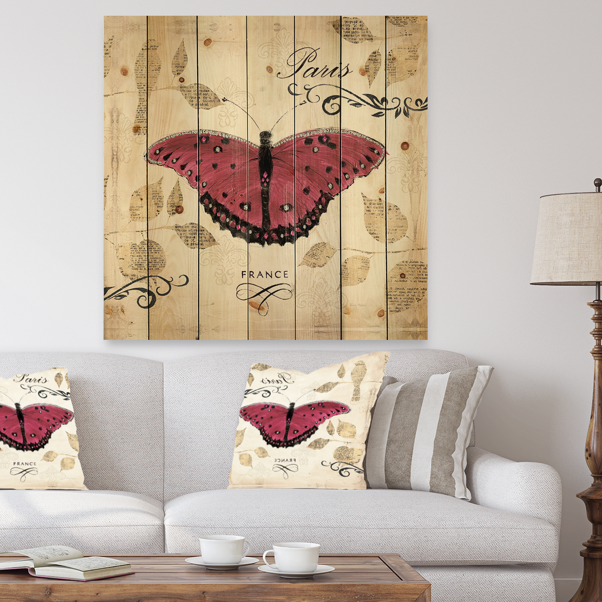 Designart 'Purple Farmhouse Butterfly' Farmhouse Print on Natural Pine Wood