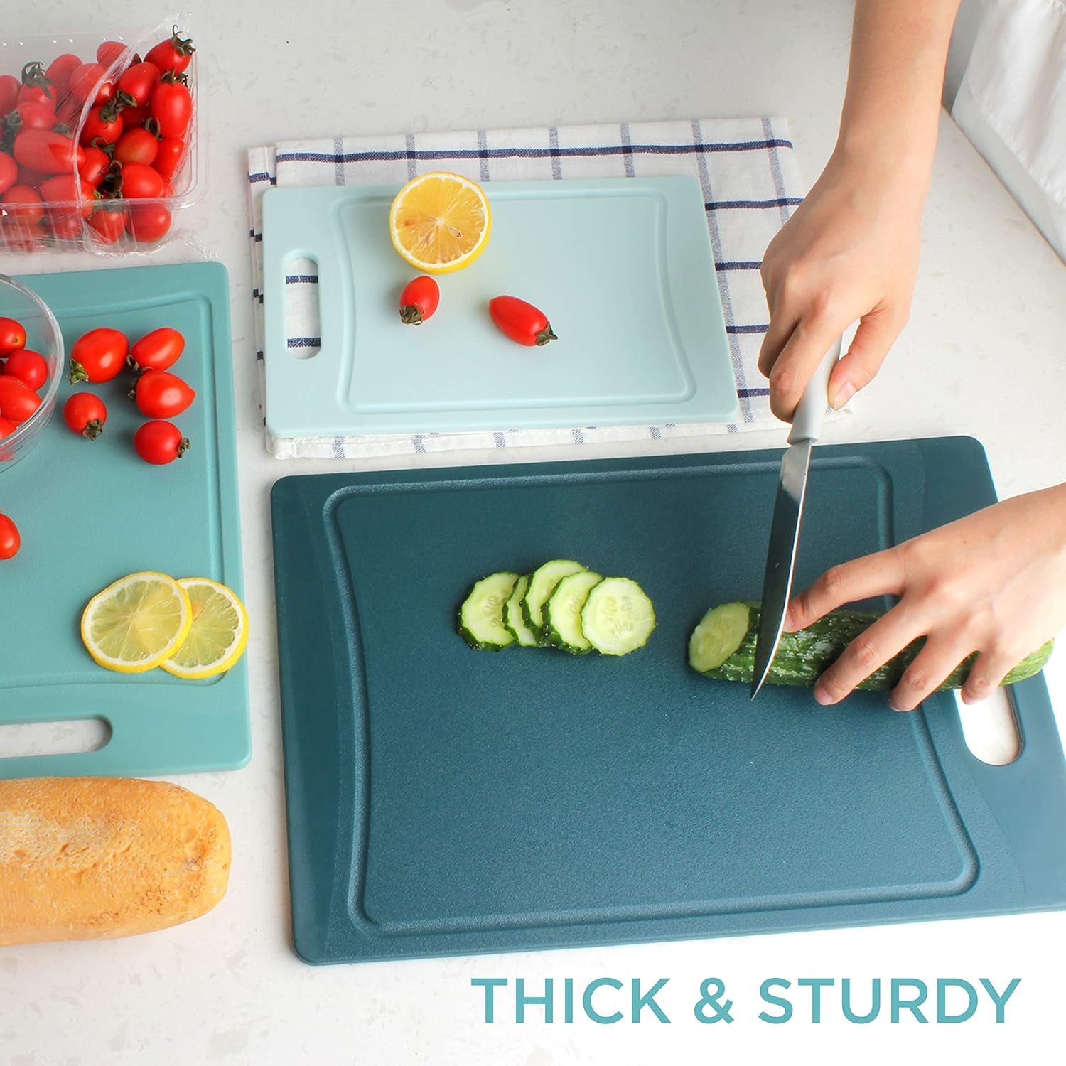 COOK WITH COLOR 3-Piece Cutting Board Set, Non-slip Chopping Board Kitchen Utensils Set Home Essentials, Teal