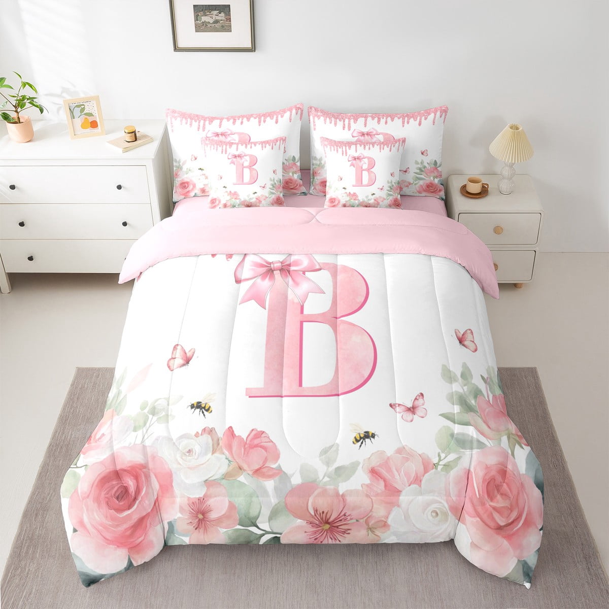 jejeloiu Initial Letter B Twin Bedding Sets 7-Piece,Vintage Rustic Flower Bedding Comforter Set,White Pink Bowtie Sheet Sets For Girls,Breathable Bedroom Decoration Reversible