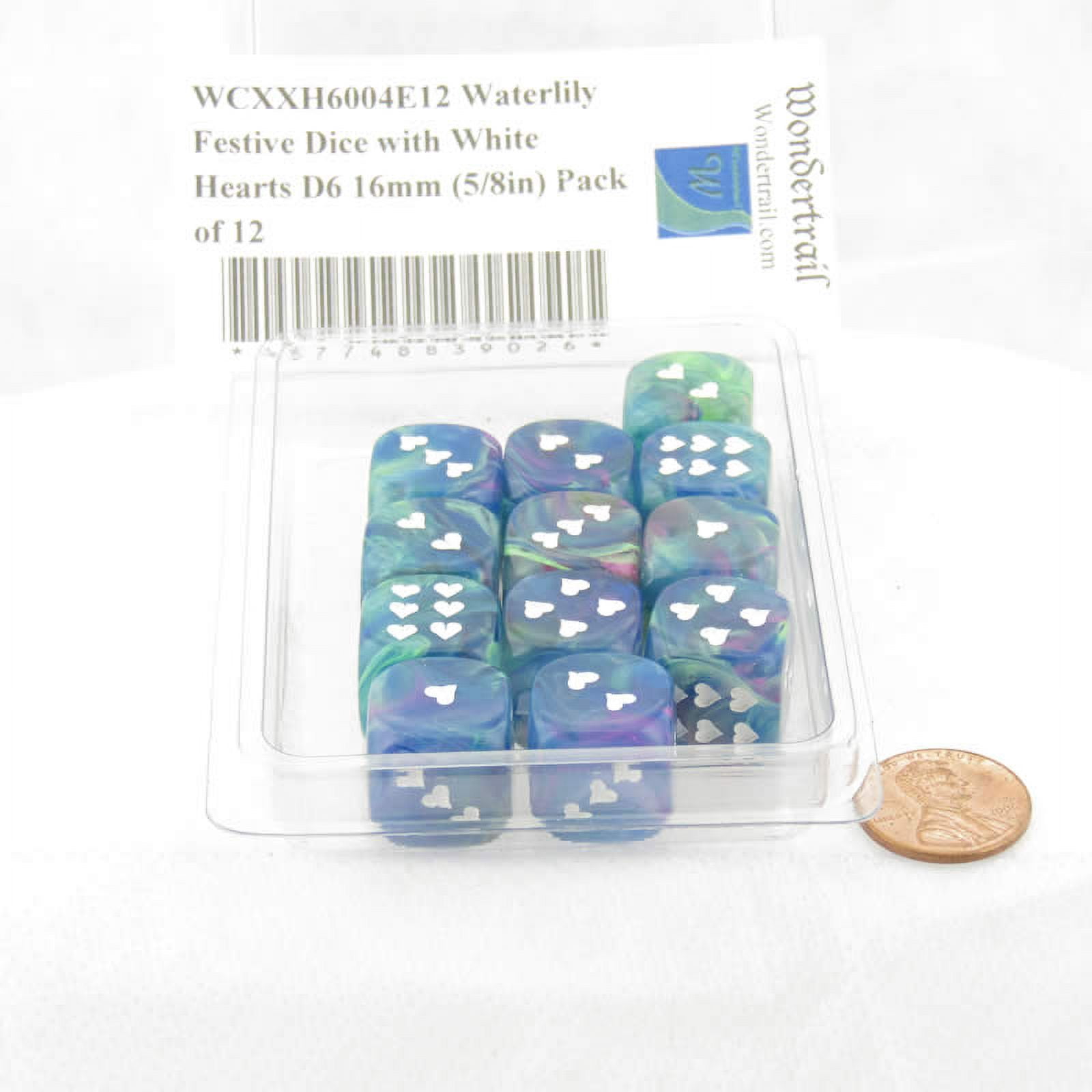 Waterlily Festive Dice with White Hearts D6 16mm (5/8in) Pack of 12 Wondertrail