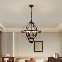 FINE MAKER 24 inch vintage American wrought iron pendant light, 6 aisle pendant lights, E12 lighting fixtures (black)