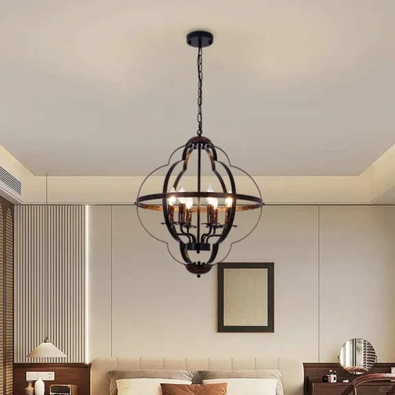 FINE MAKER 24 inch vintage American wrought iron pendant light, 6 aisle pendant lights, E12 lighting fixtures (black)