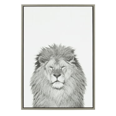Kate and Laurel Sylvie Lion Animal Print Black and White Portrait Framed Canvas Wall Art by Simon Te Tai, 23x33 Gray