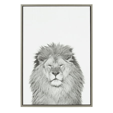 Kate and Laurel Sylvie Lion Animal Print Black and White Portrait Framed Canvas Wall Art by Simon Te Tai, 23x33 Gray