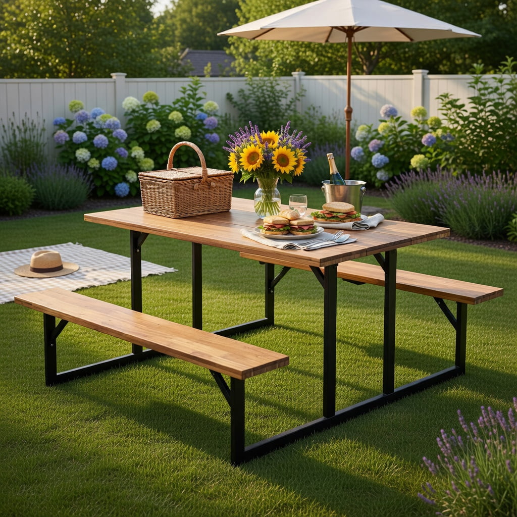 Hommoo 6-Person Acacia Wood Outdoor Picnic Table Set with Built-In Benches, Heavy-Duty Metal Frame, Umbrella Hole, Deck & Patio Ready, Brown & Black