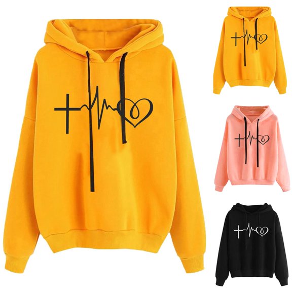 Daiosportswear Cuff Long Sleeve Outfit for Women Fall Winter Love Graphic Loose Fit Hooded Outfits Sweatshirt Yellow 10(XL)