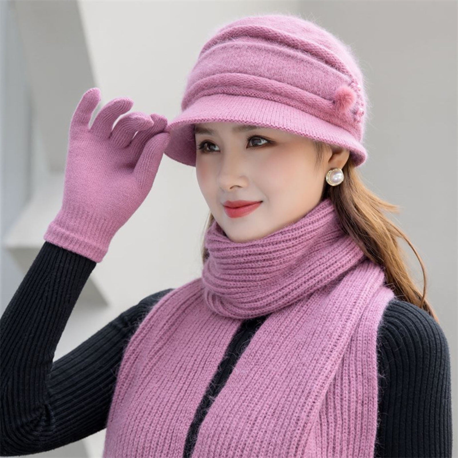 Visland 3Pcs/Set Women Hat Scarf Gloves, Fashion Casual Solid Color Soft  Cozy Knitted Autumn Winter Hand Neck Hand Warm Beanie Cap Scarf Mittens for  Outdoor Daily Wear 