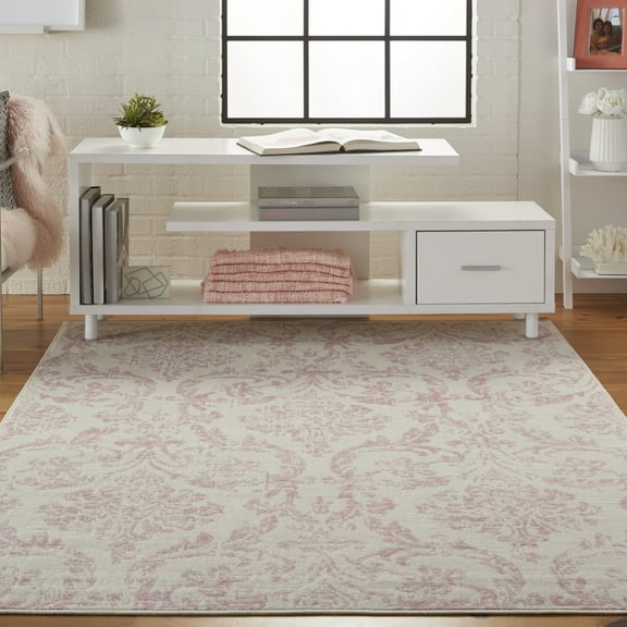 Nourison Jubilant Damask Ivory/Pink 5'3" x 7'3" Area Rug, (5x7)