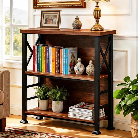 Small Bookshelf, Short Book Shelf with Sturdy Metal Frame & Wood Shelves, Industrial Bookcase for Living Room, Bedroom, Office