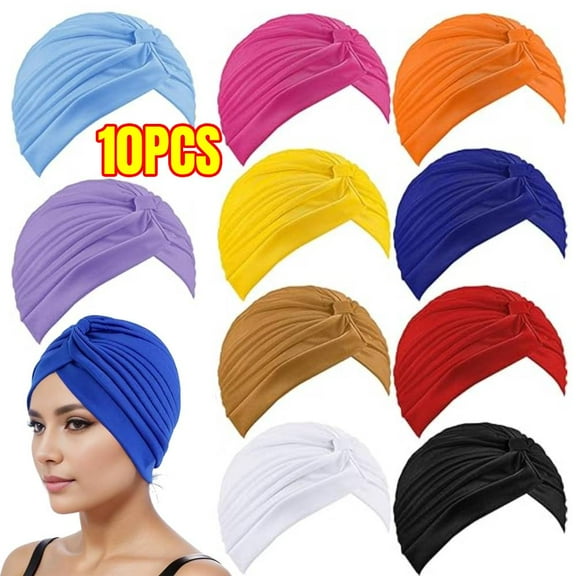 10 PCS Women Men Turban Hat, Vintage Polyester Pleated Head Wrap Headband Cross Twist Arab Hair Wrap Turban Headwear