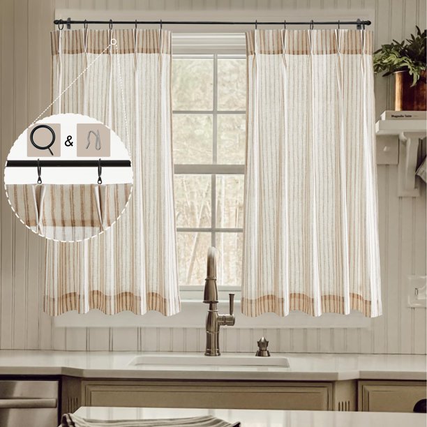 LIMON HOME Cortinas de café de 36.1 in de largo para encima del fregadero, rayas de lino con ganchos, juego de rayas para sala de estar, baño, granja, cortinas, 2 paneles, color bronceado sobre la nat