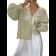 thumbnail image 1 of Camisas de Bordadas para Mujer, Blusa con Cuello en V y Mangas Abotonadas Verde XL, 1 of 10