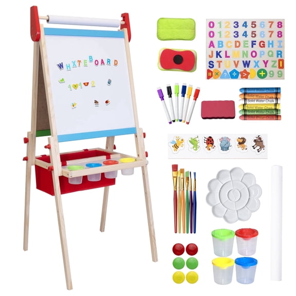 SaveJoy 3-in-1 Wooden Double Sided Kids Art Easel,Adjustable Standing Drawing Board with Accessories for Boys & Girls,Red
