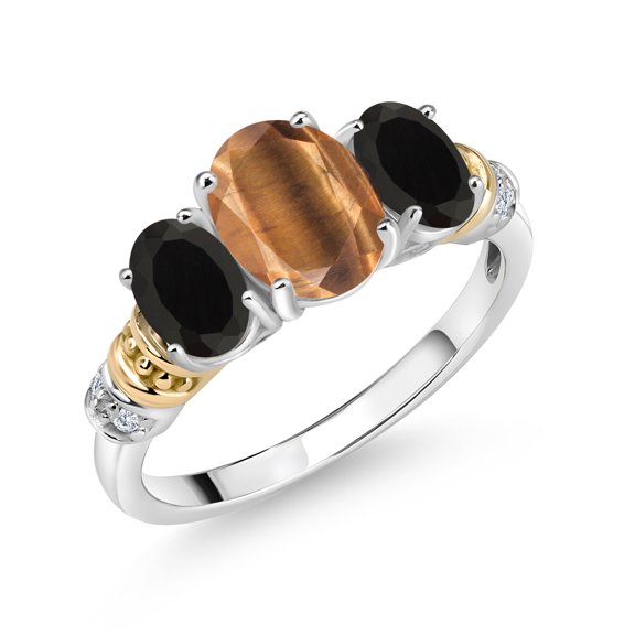 Gem Stone King 925 Sterling Silver and 10K Yellow Gold Oval Brown Tiger Eye Black Onyx & White Diamond 3 Stone Ring for Women (2.08 Cttw, Size 7)