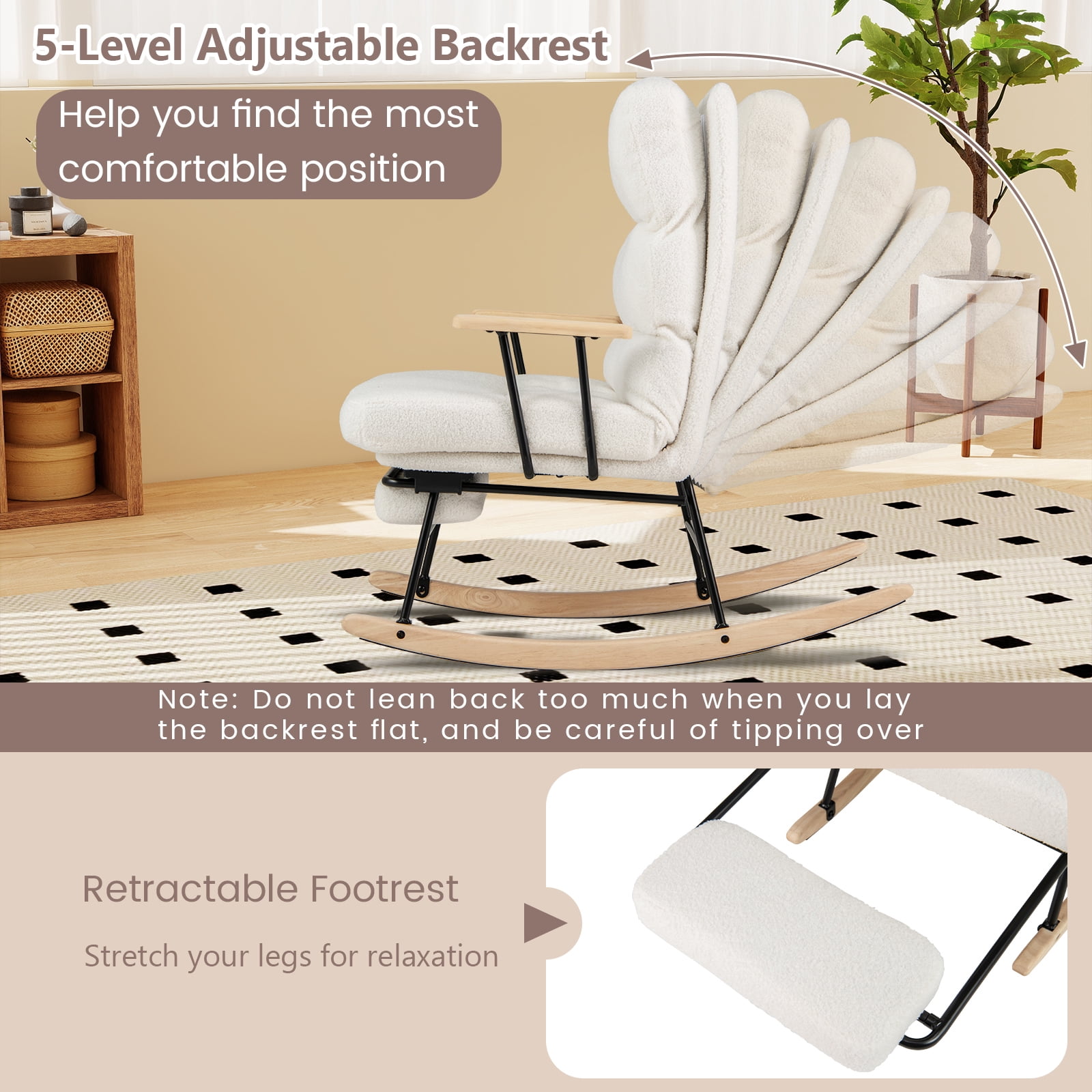 Costway 1 PCS Nursery Rocking Chair with 5-level Adjustable Backrest & Retractable Footrest