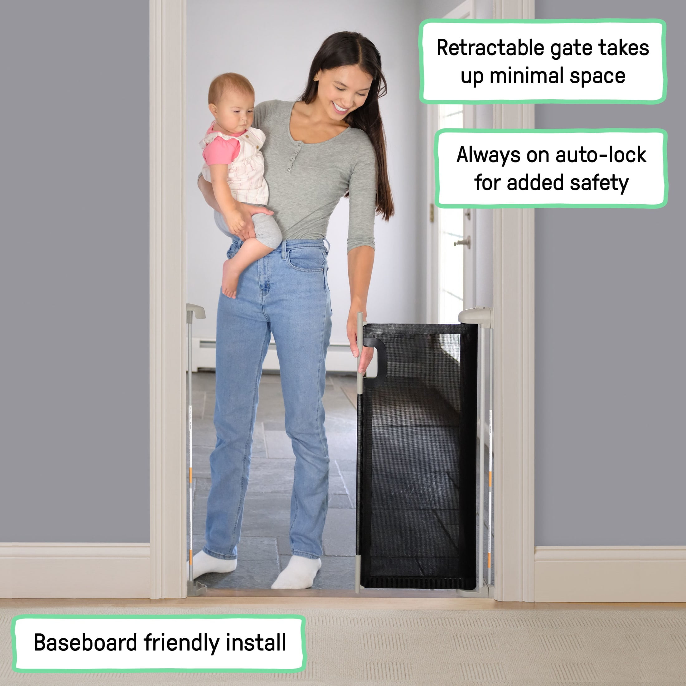 Summer by Ingenuity The Thruway 52W Series Pet and Baby Retractable Gate with Tuck Away Black Mesh Panel, Fits Openings up to 52 Inches Wide, Ages 6-24 Months