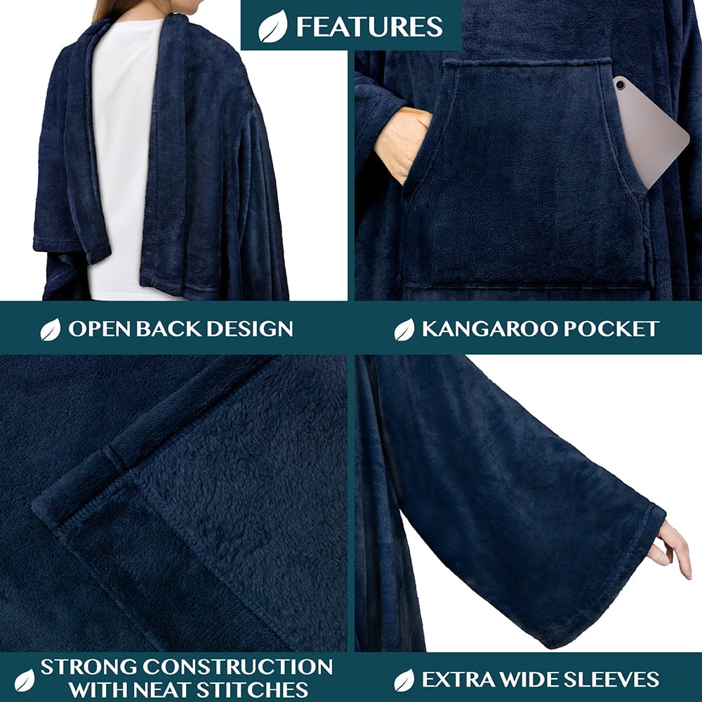 PAVILIA Navy Blue Fleece Wearable Blanket with Sleeves for Adults Women Men, Soft Warm Full Body Wrap Throw, Sweatshirt Pocket, Cozy Pullover Robe Blanket with Arm, Gifts for Christmas Mom Wife