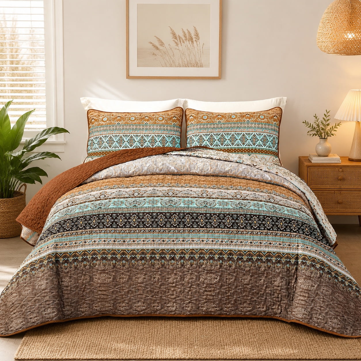 Full Boho Quilt Bedding Set 3 Pieces Soft Brown Bedspread Bohemian Striped Lightweight Polyester Breathable All-Season Coverlet Full 90 x78