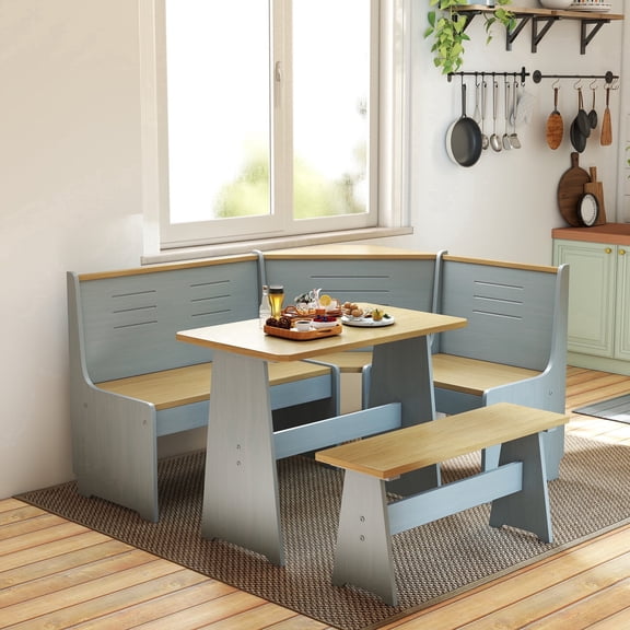 Koby Home Breakfast Nook Table Set, Corner Dining Table with L-Shape Bench Chairs, Natural Solid Farmhouse Kitchen Dining Nook Grey Wood