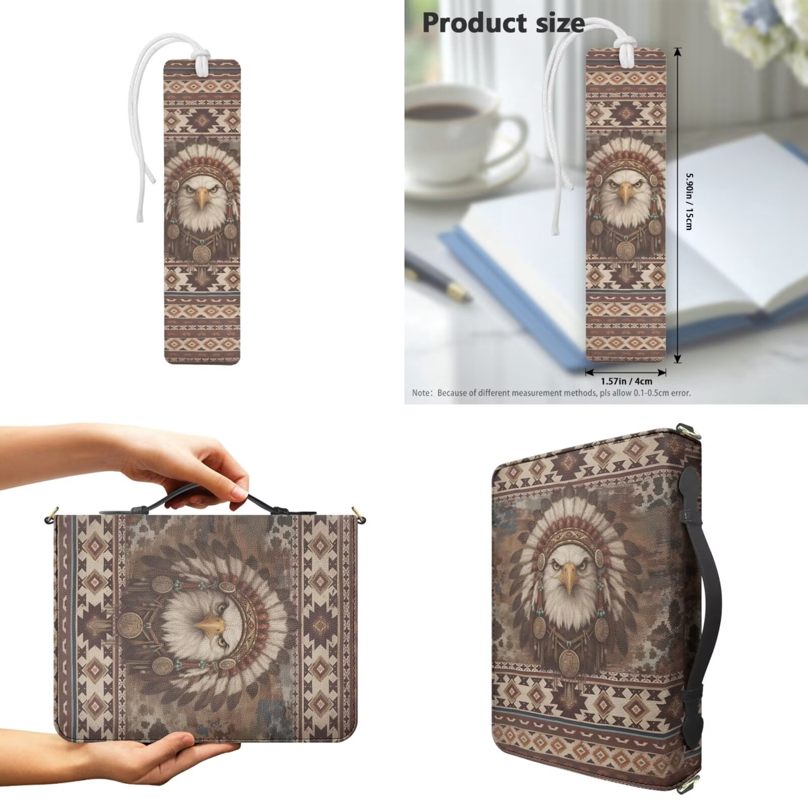 Kuiaobaty Aztec Eagle Print Bible Cover for Women Men Tribal Style Print Carrying Book Case with Leather Bookmark Multi-Pockets Church Bag Bible Protector for Christian Daily, Brown