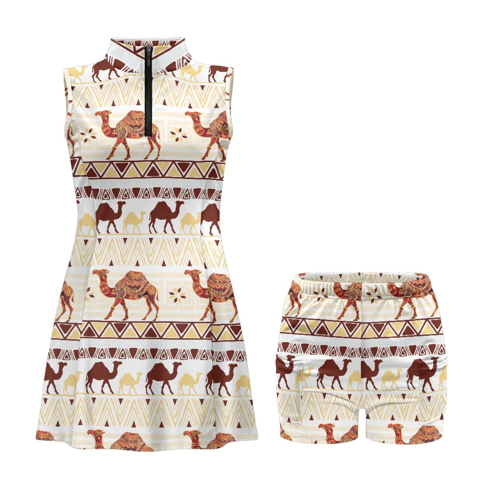 COEQINE Camel African Tribal Ethnic Print Tennis Dress for Women Sleeveless Breathable Pickleball Dresses with Built in Shorts and Pockets 2 Piece Set V-Neck Golf Outfits, XL