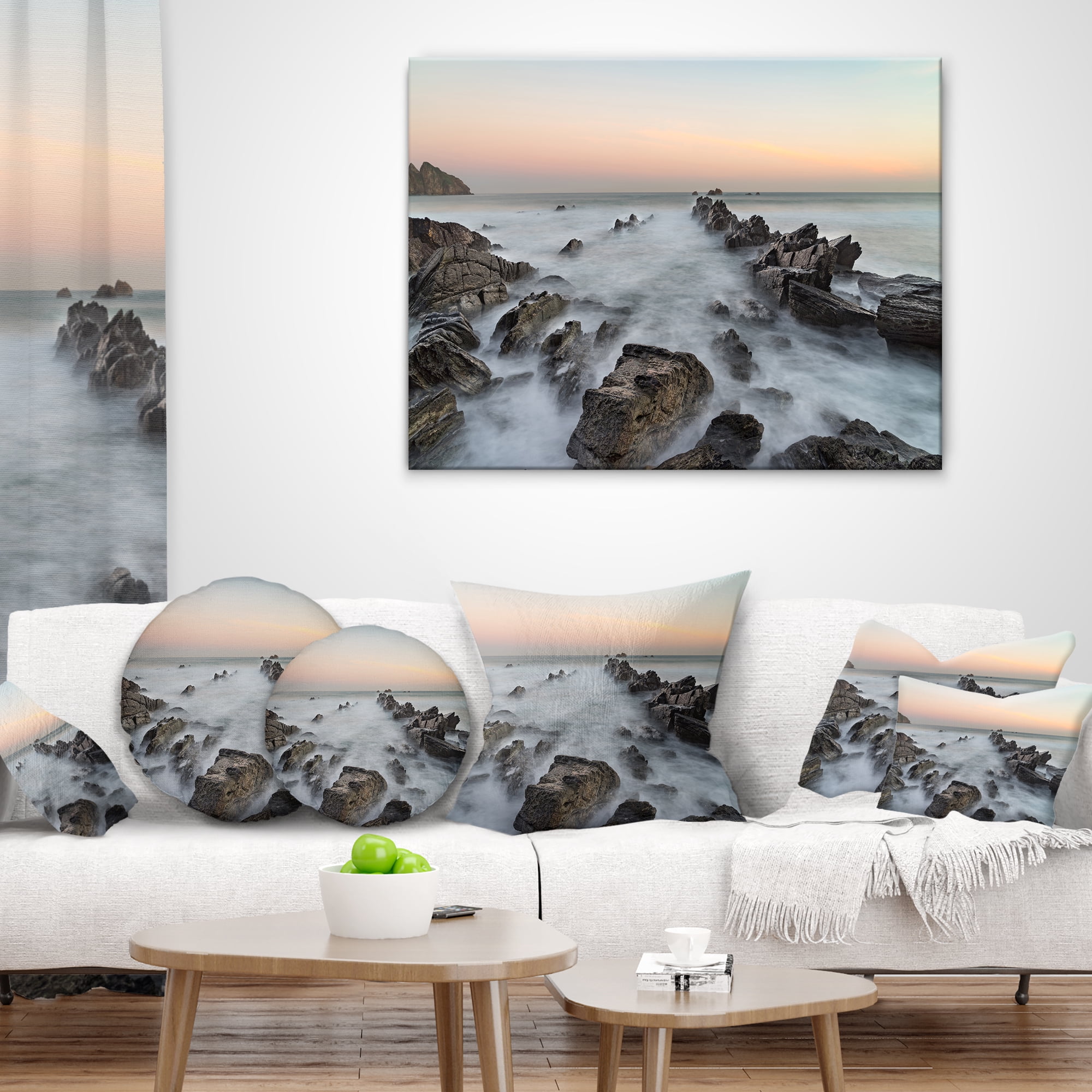 Designart Rocky Beach with White Waters - Modern Seashore Throw Pillow - 18x18