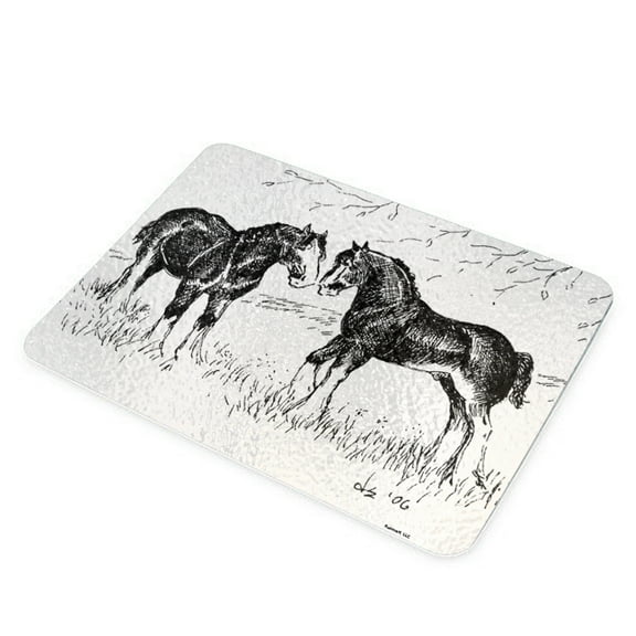 KuzmarK Glass Cutting Board - Clydesdale Drawing pen and ink black white Art by Denise Every