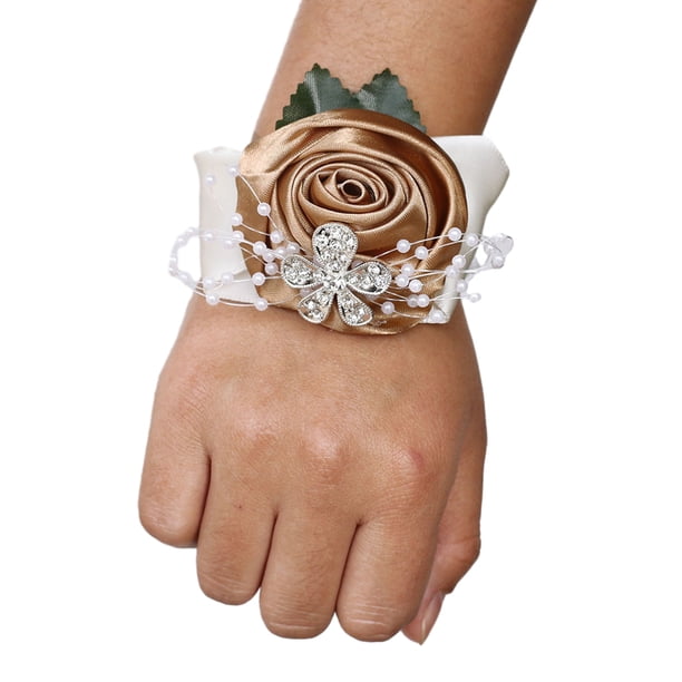 Ramillete de Muñeca Wosthever con Rosa Encantadora Accesorio para Dama de Honor N21 Caqui