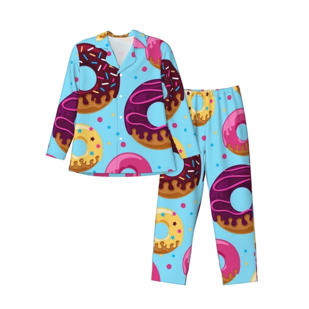 Balery Donuts Pijama para Hombre de Dos Piezas con Manga Larga, Conjunto de Dormir y Descanso Suave con Bolsillos-XX-Large