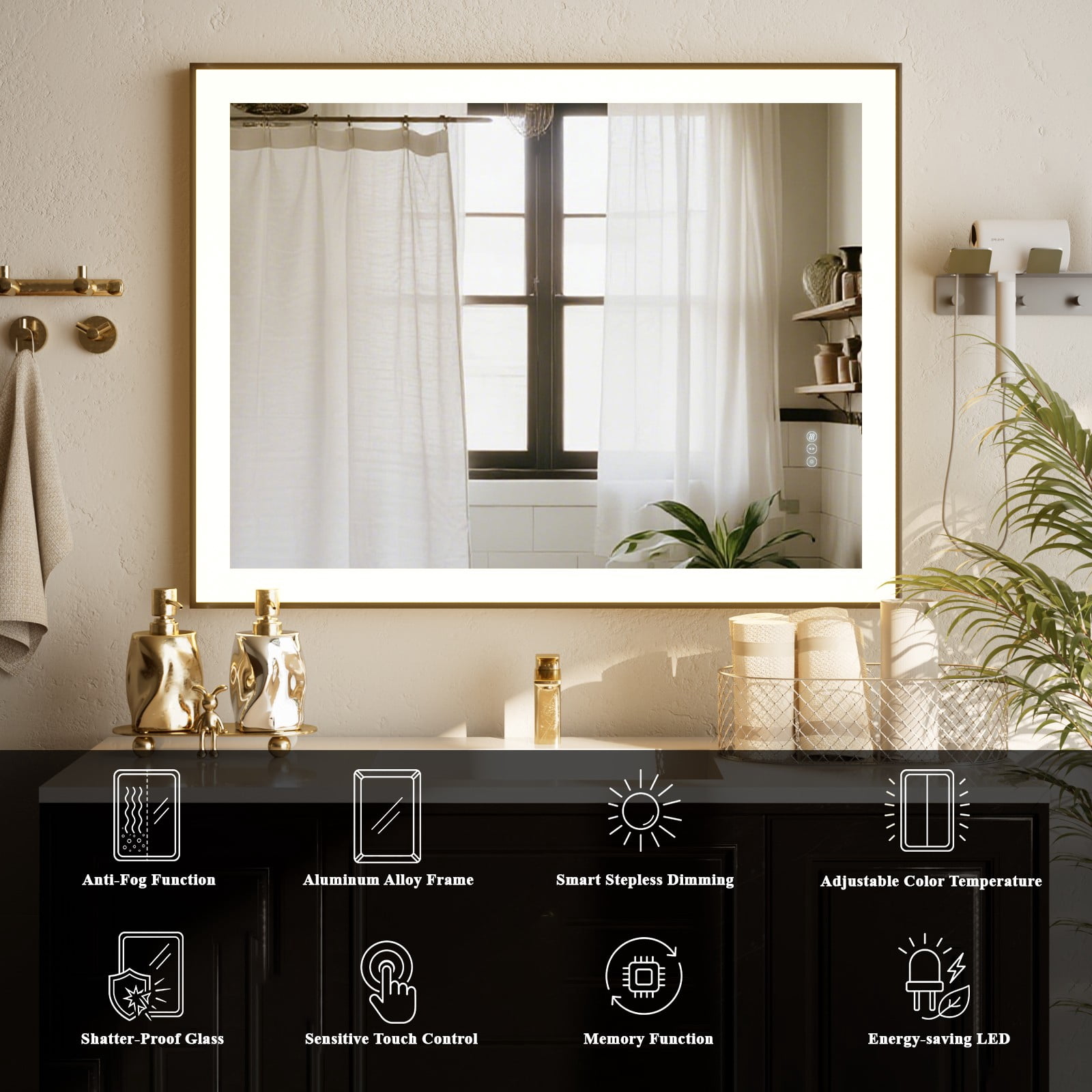 Easy4Home 36"x28" LED Lighted Bathroom Mirror Anti-Fog Vanity Wall-Mounted Mirror with Metal Frame, Black
