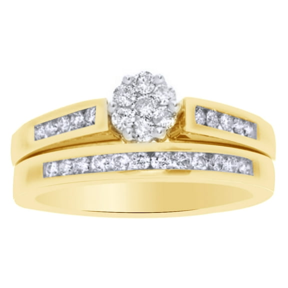 AFFY White Natural Diamond Flower Bridal Ring Set In Solid Gold (1 Cttw)
