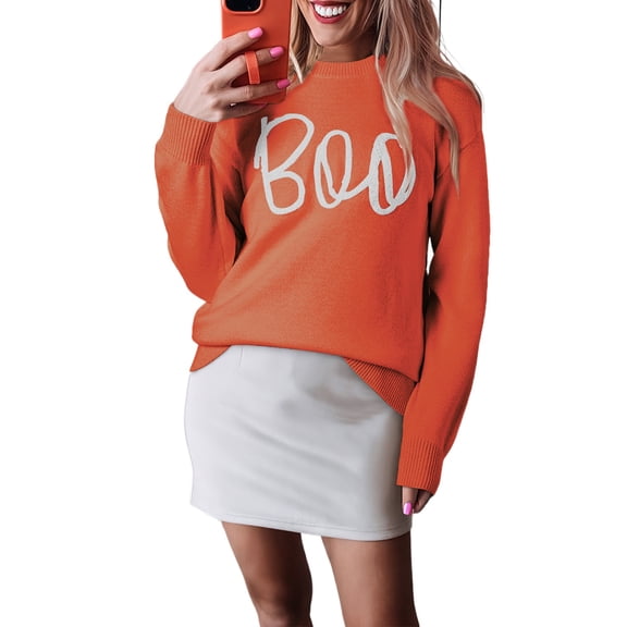 Women's Orange Halloween Boo Knitted Pattern Ribbed Edge Drop Shoulder Sweater | [ZhiHiMeRi] | (US 20-22)2XL